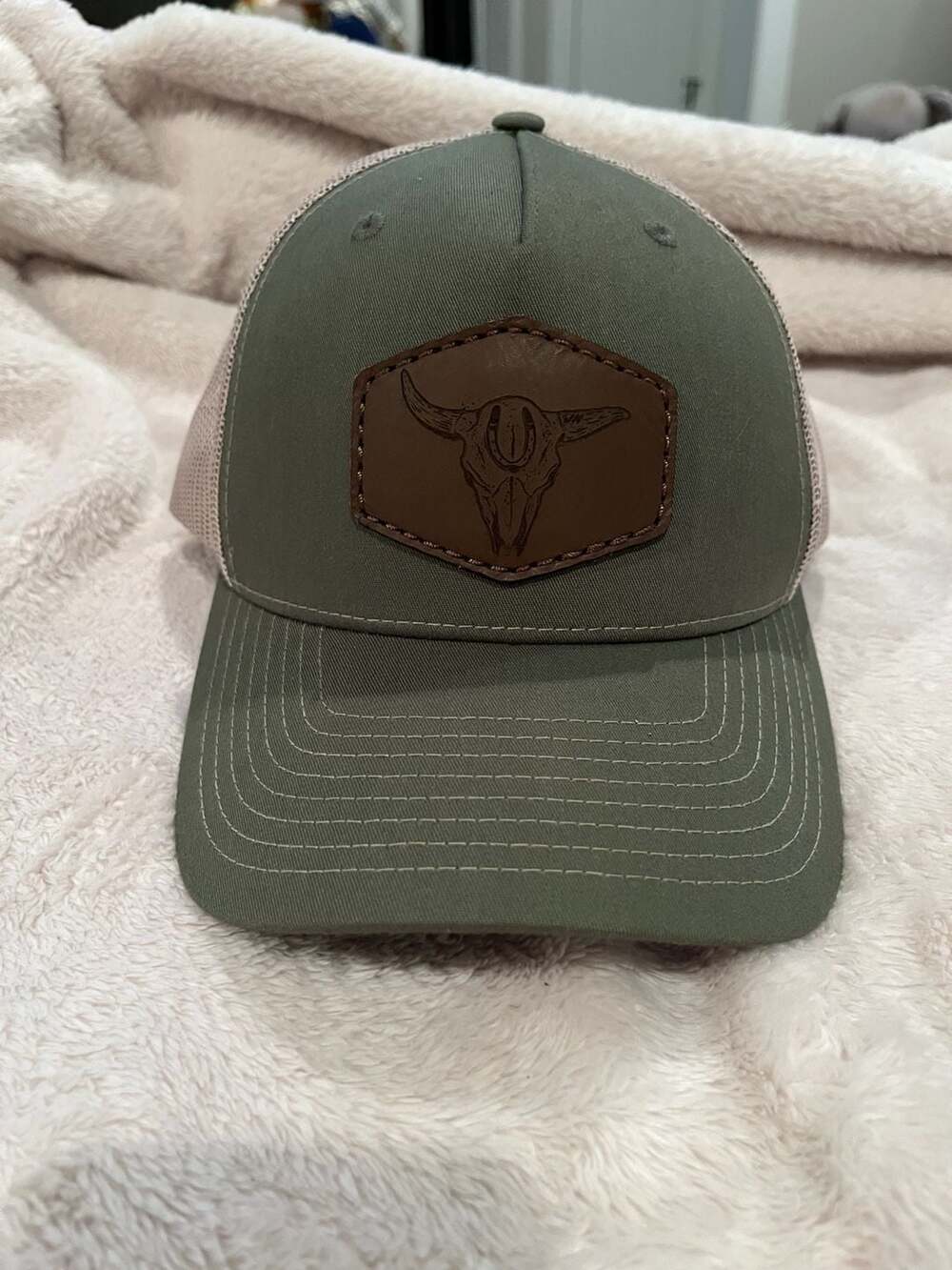 Richardson 112FP Olive and Tan Bull Skull Leather Patch Trucker Hat